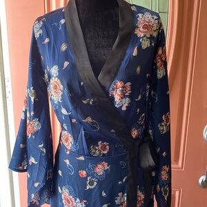Navy Satin Floral Print Maxi Robe